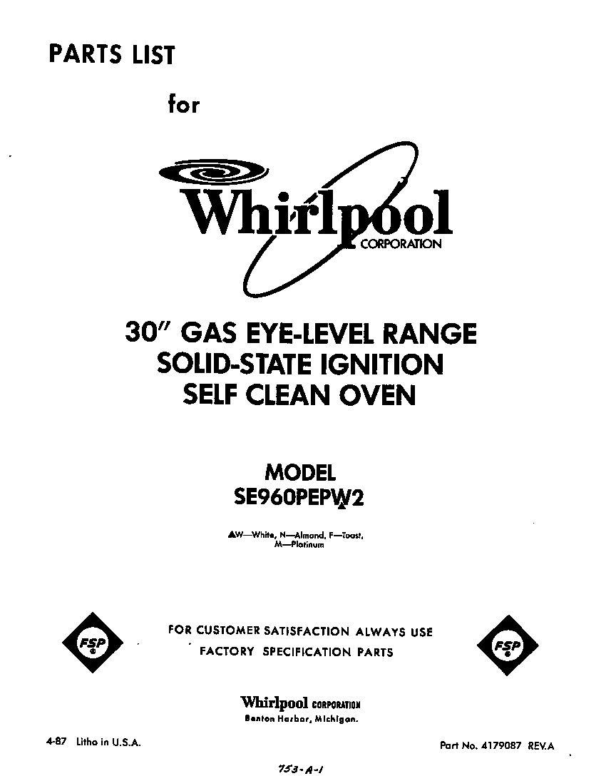 Whirlpool SE960PEPW2 front cover diagram