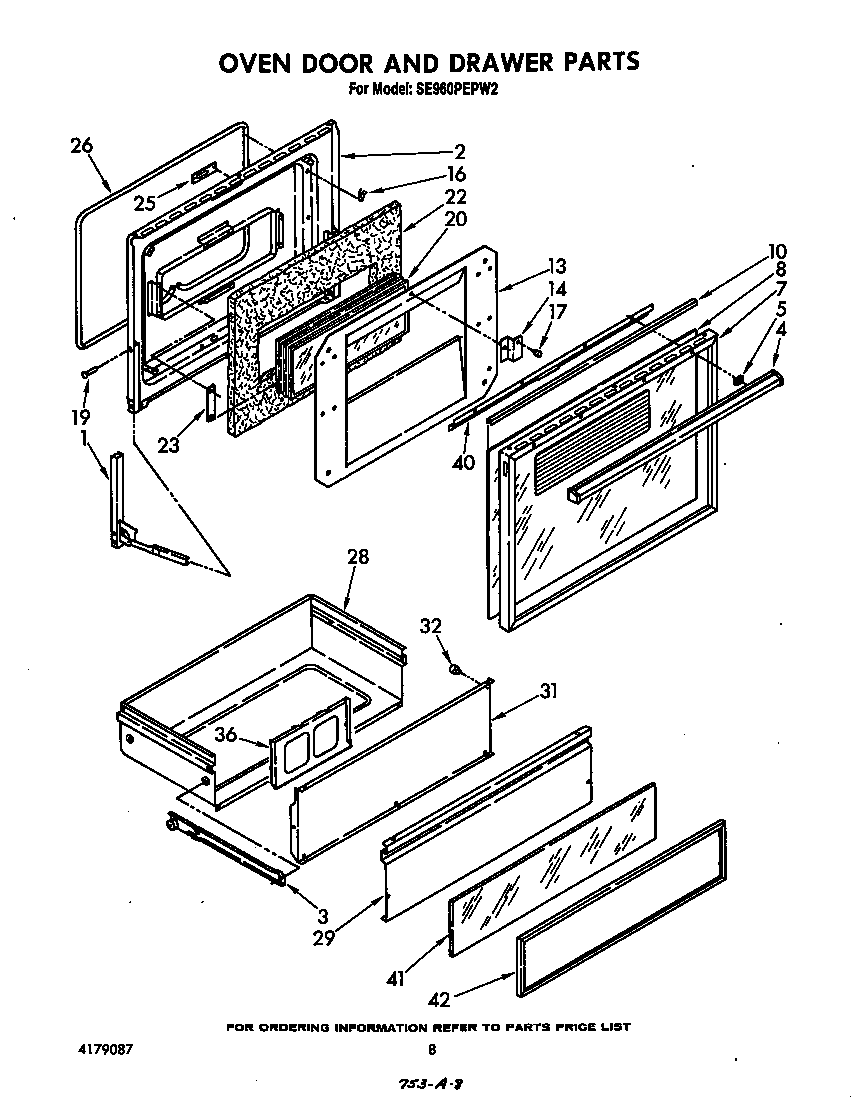 Whirlpool SE960PEPW2 oven door and drawer diagram