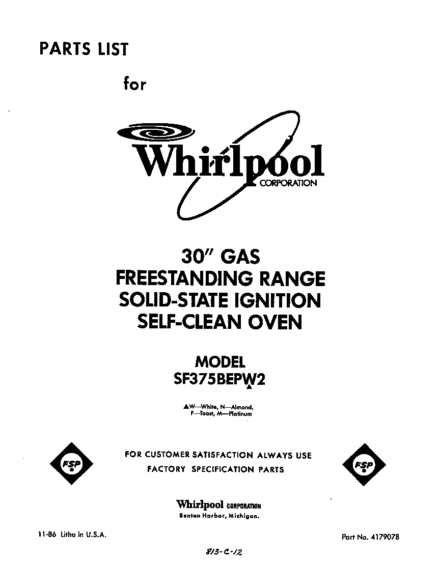 Whirlpool SF375BEPW2 front cover diagram