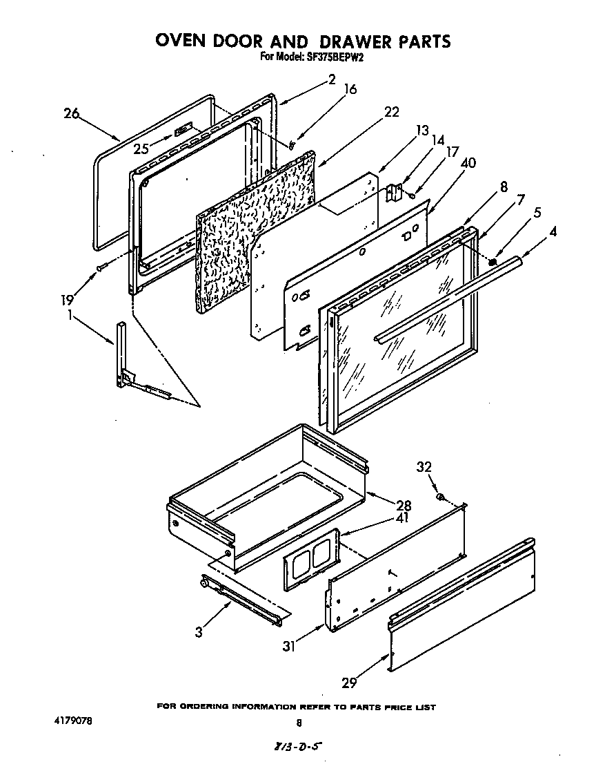Whirlpool SF375BEPW2 oven door and drawer diagram
