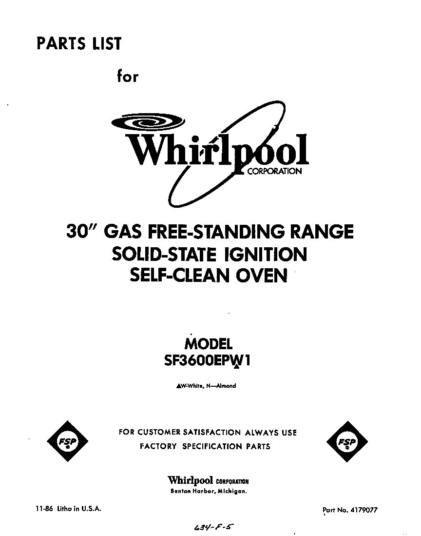 Whirlpool SF3600EPW1 front cover diagram