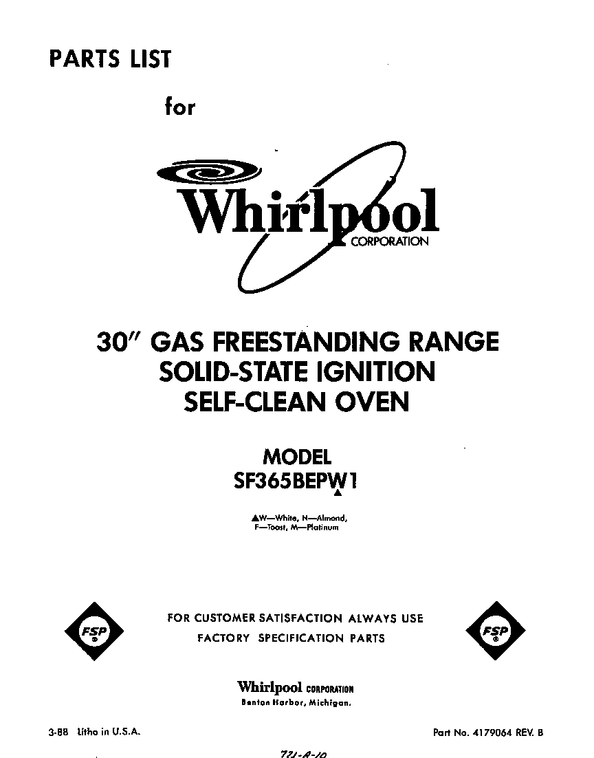 Whirlpool SF365BEPW1 front cover diagram