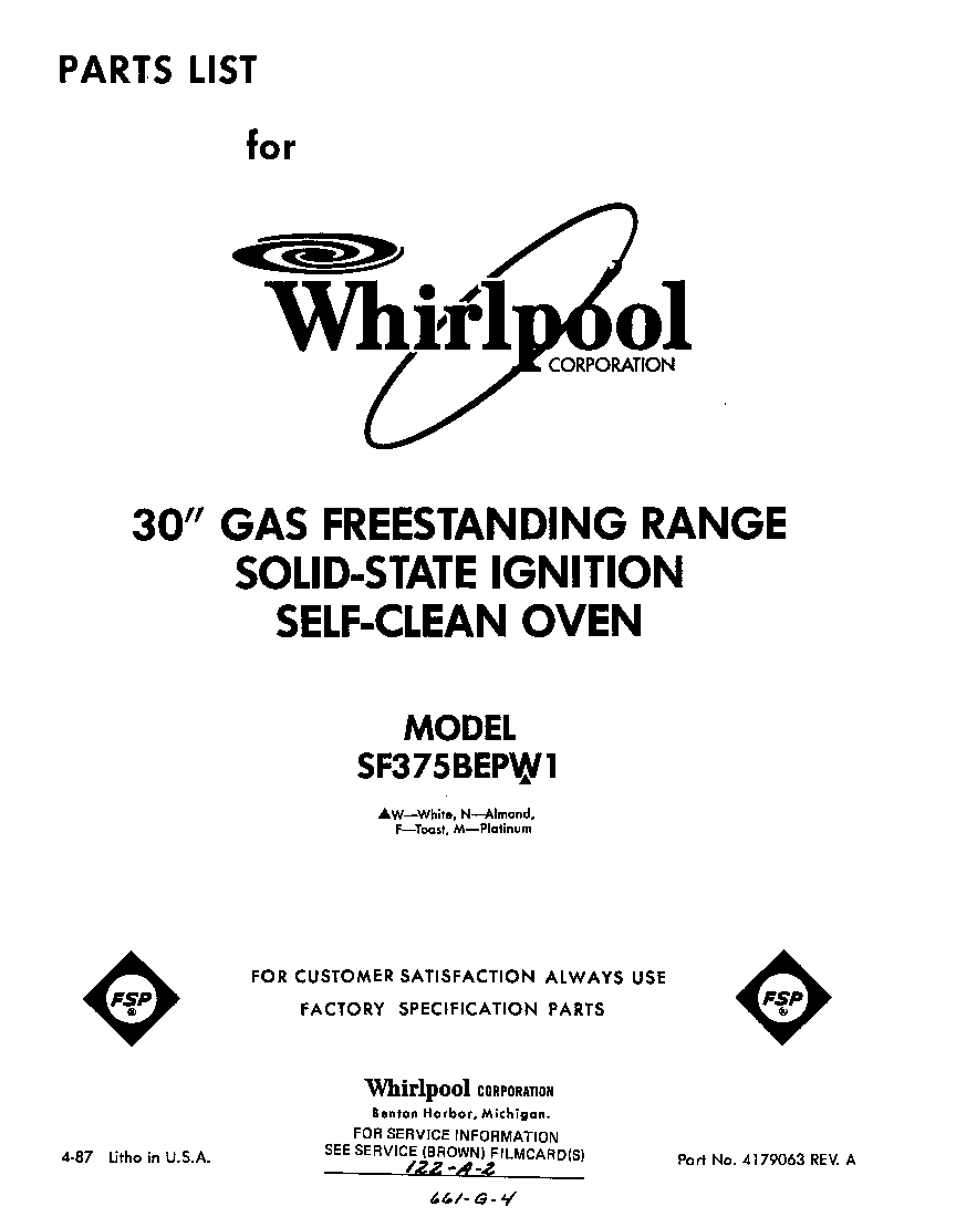 Whirlpool SF375BEPW1 front cover diagram
