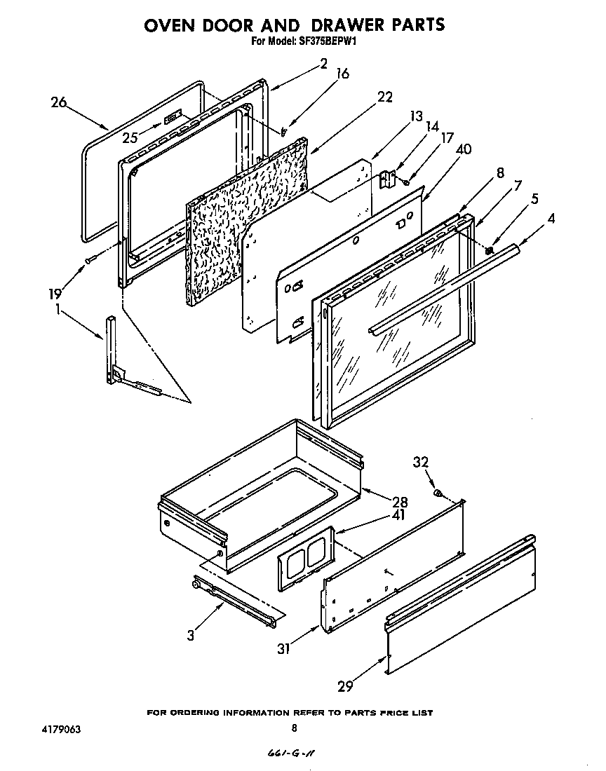 Whirlpool SF375BEPW1 oven door and drawer diagram