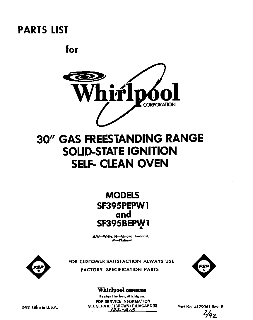Whirlpool SF395PEPW1 front cover diagram
