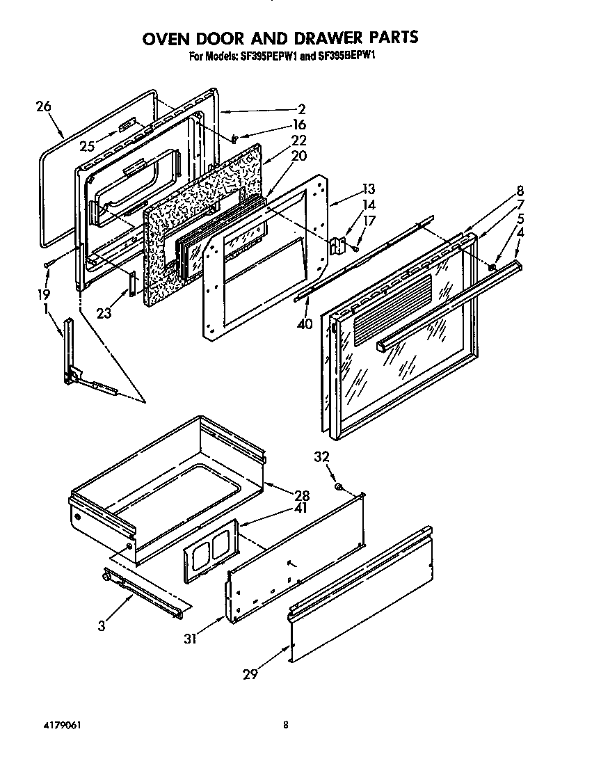 Whirlpool SF395PEPW1 oven door and drawer diagram