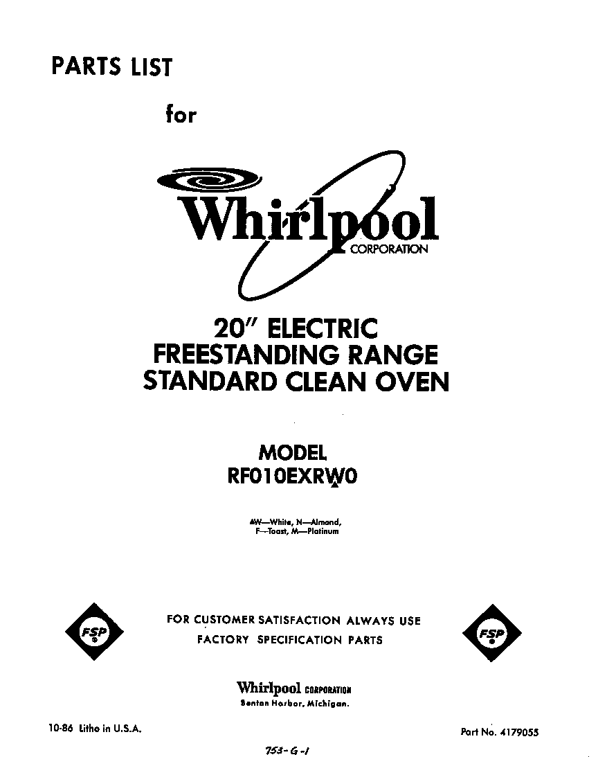Whirlpool RF010EXRW0 front cover diagram