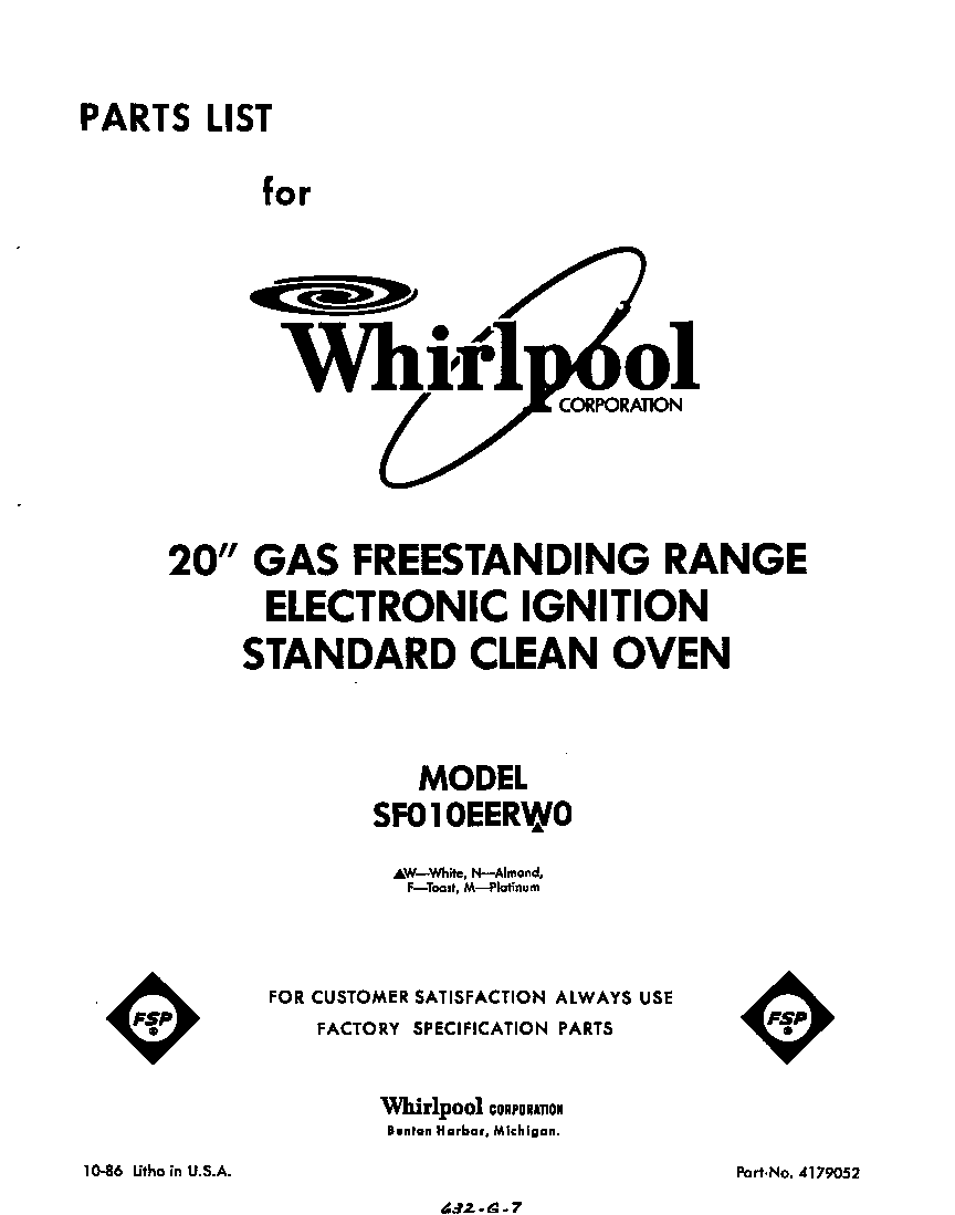Whirlpool SF010EERW0 front cover diagram