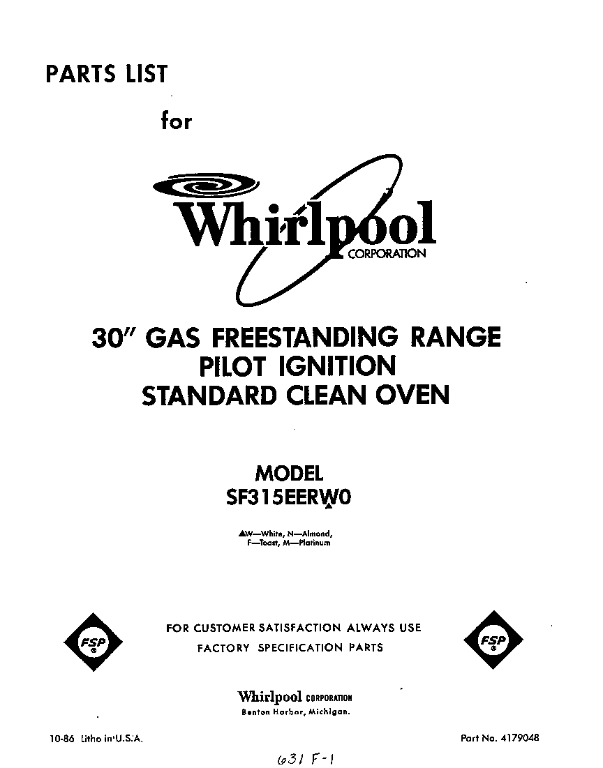 Whirlpool SF315EERW0 front cover diagram