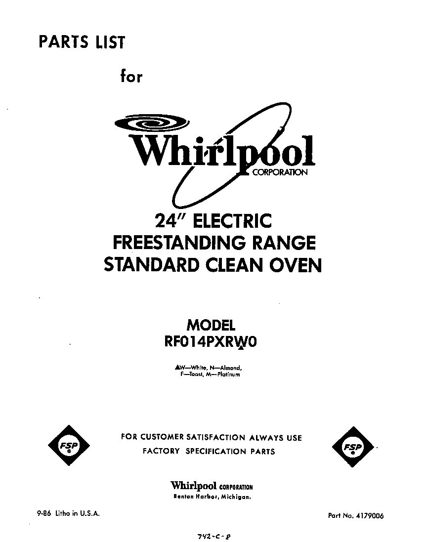 Whirlpool RF014PXRW0 front cover diagram
