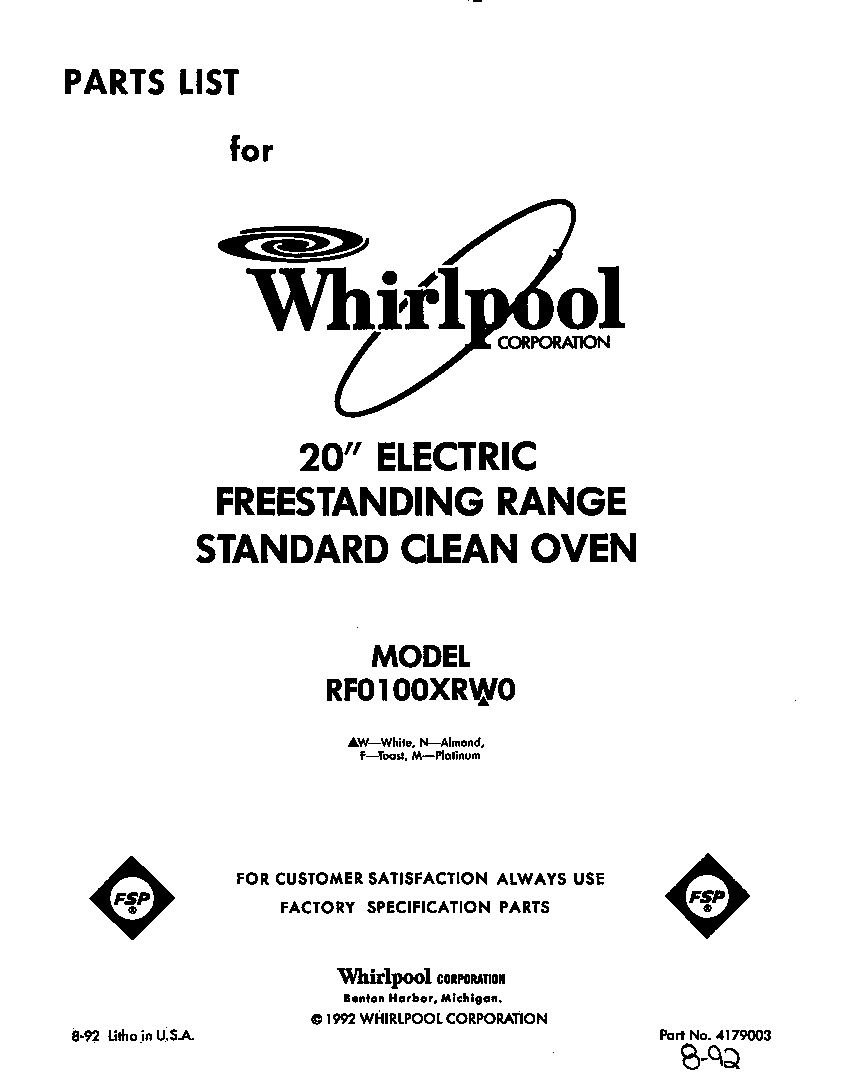 Whirlpool RF0100XRW0 front cover diagram