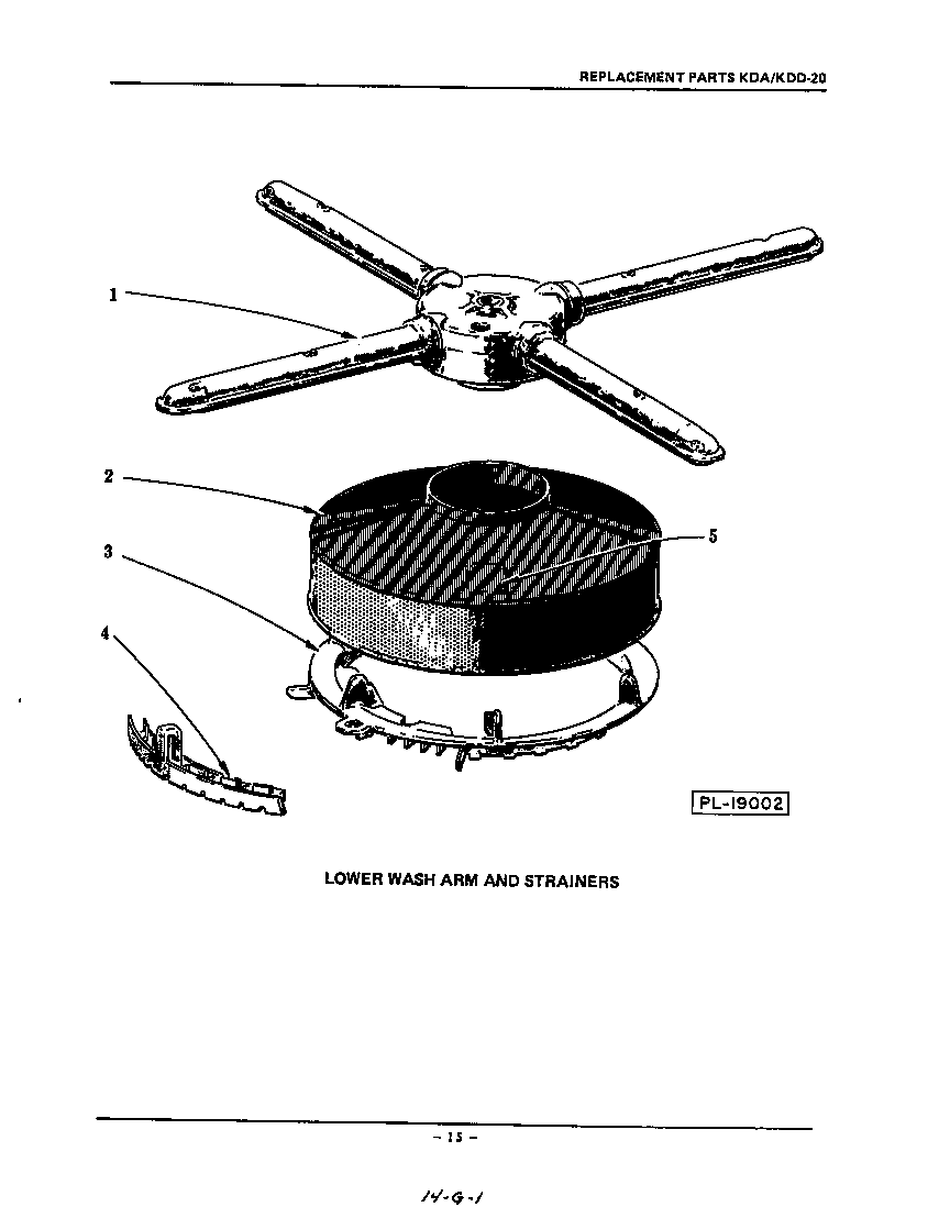 KitchenAid KDA20 lower wash arm and strainers diagram