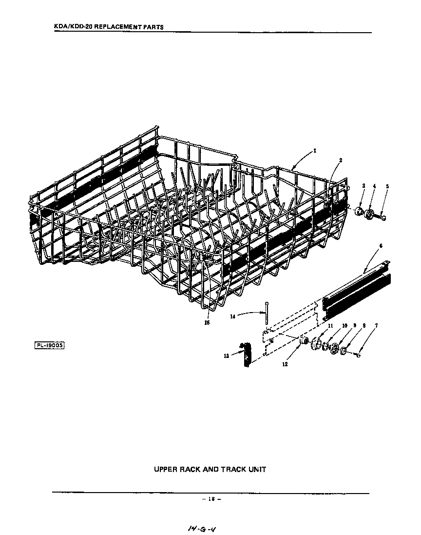 KitchenAid KDA20 upper rack and track diagram