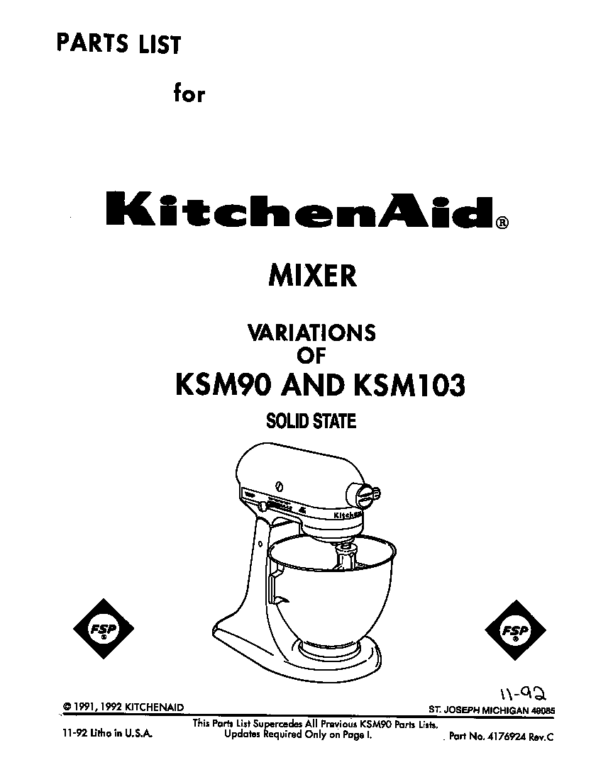 KitchenAid KSM103WH front cover diagram