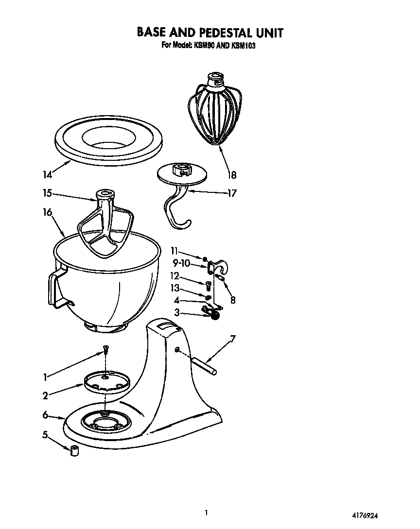 KitchenAid KSM103WH base and pedestal diagram