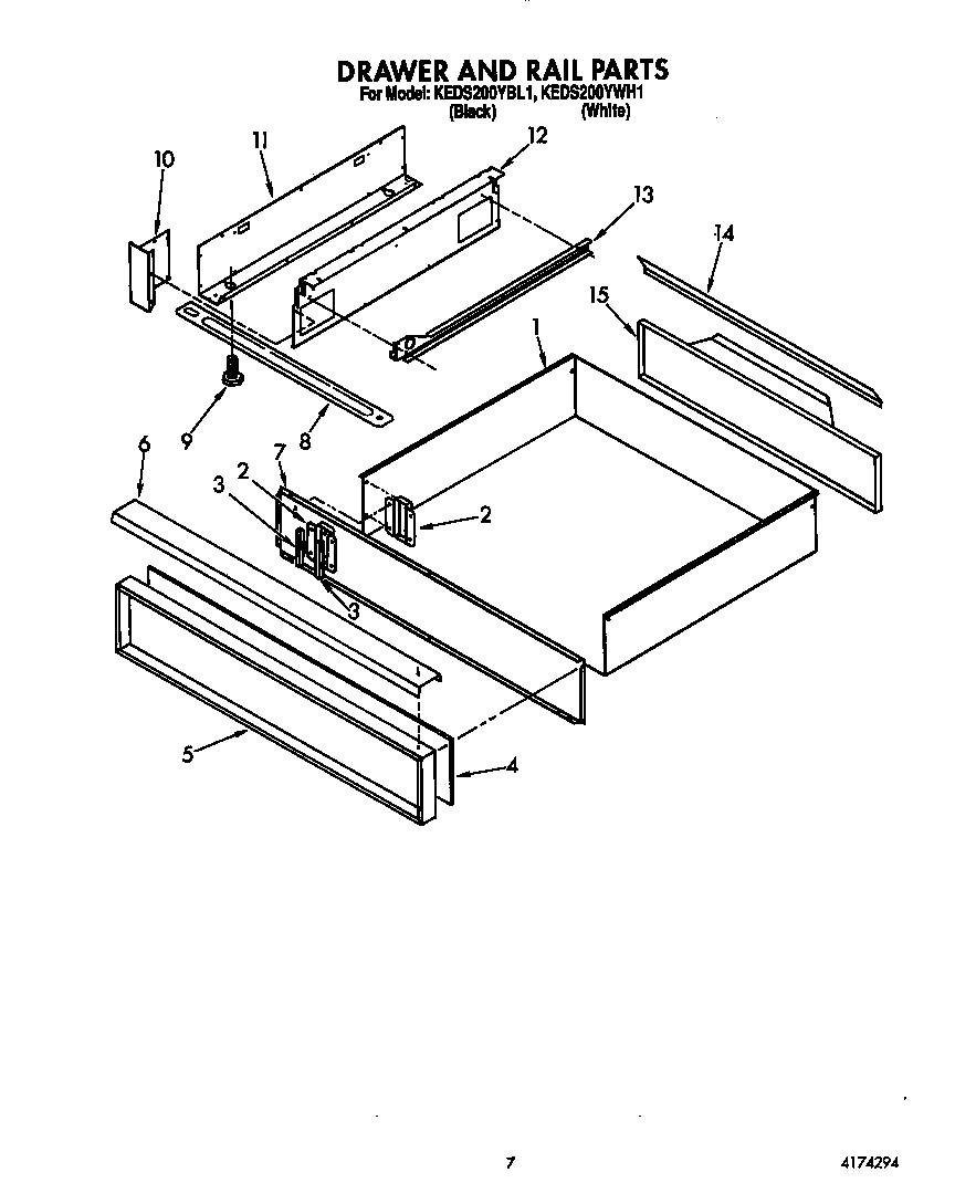 KitchenAid KEDS200YWH1 drawer & rail diagram