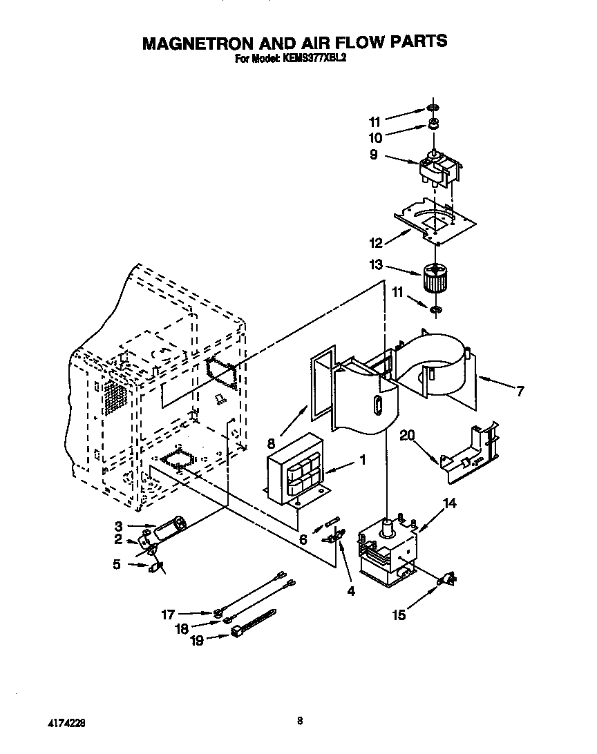 KitchenAid KEMS377XWH2 magnetron and air flow diagram