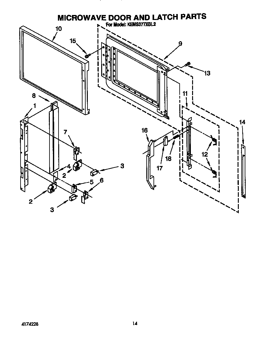 KitchenAid KEMS377XWH2 microwave door and latch diagram