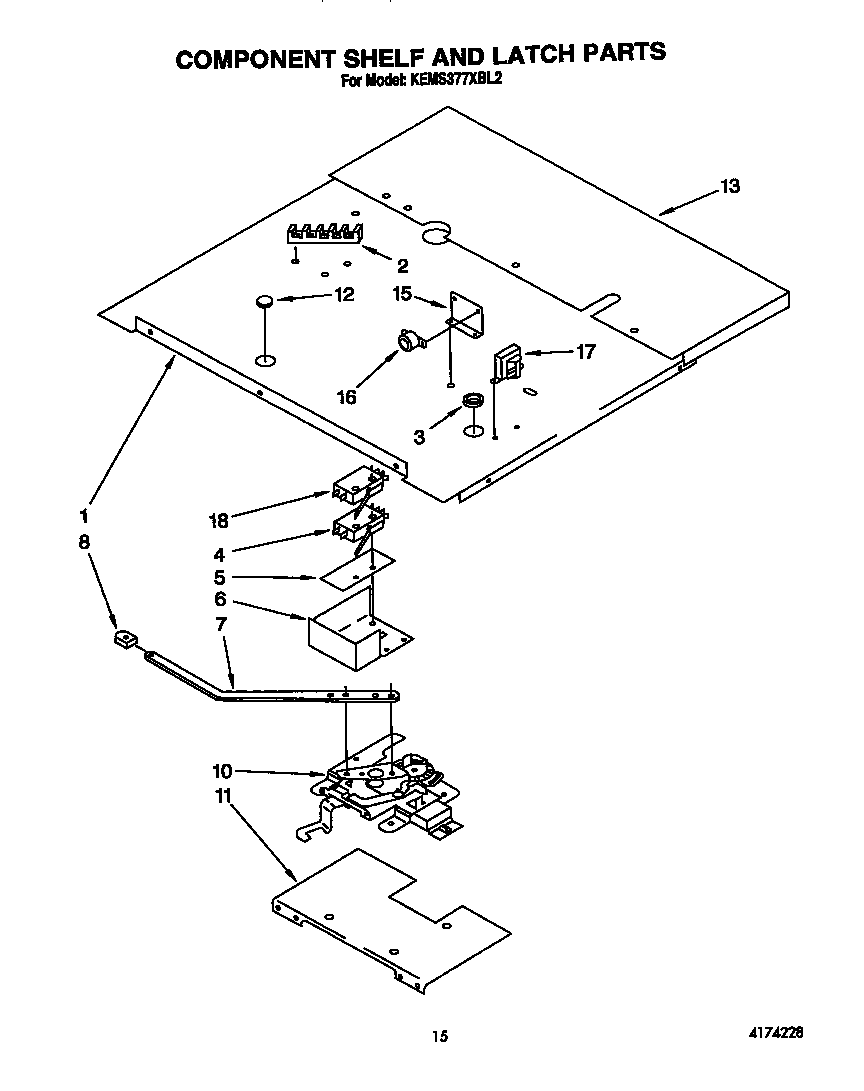 KitchenAid KEMS377XWH2 component shelf and latch diagram