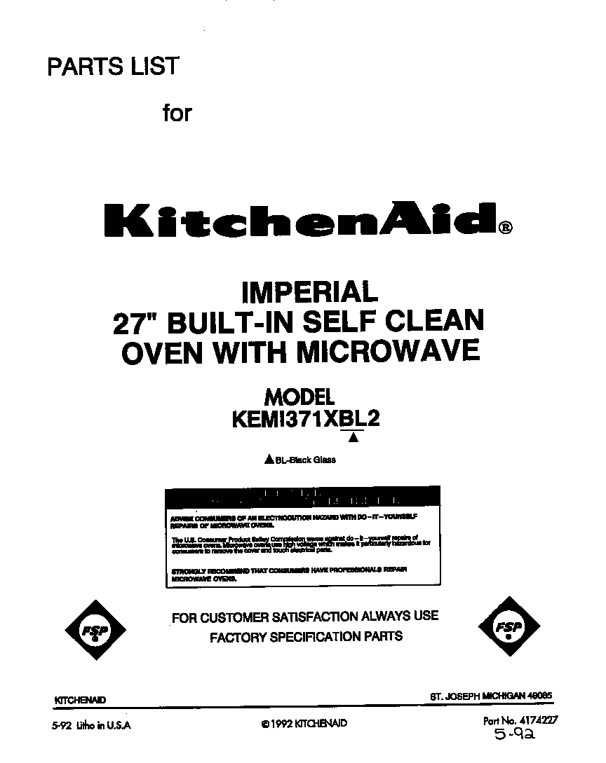 KitchenAid KEMI371XBL2 front cover diagram