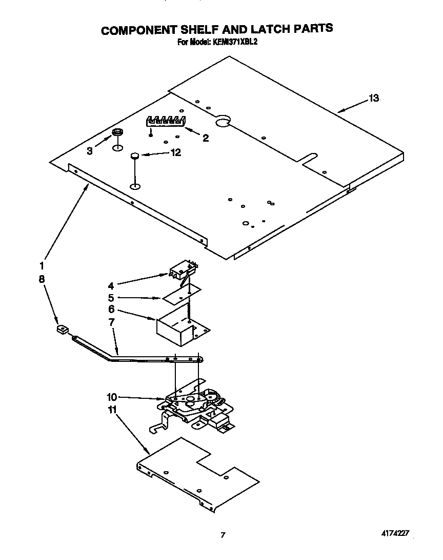 KitchenAid KEMI371XBL2 component shelf and latch diagram