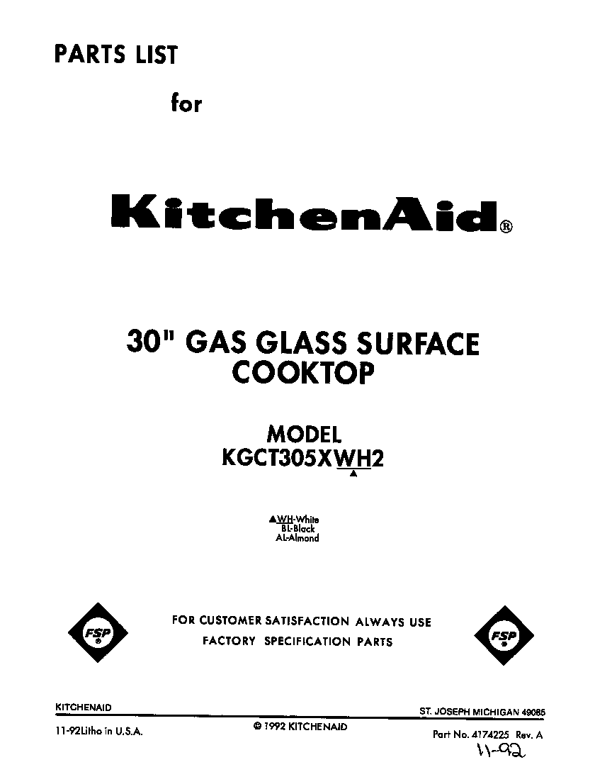 KitchenAid KGCT302XWH2 cover page-text only diagram