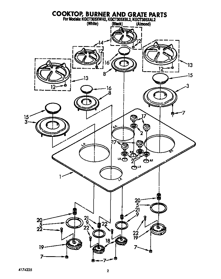 KitchenAid KGCT302XWH2 cooktop/burner/grate parts diagram