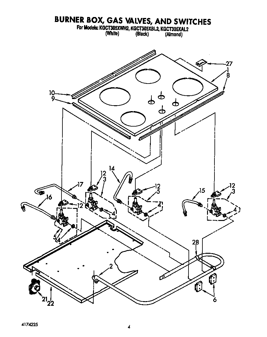 KitchenAid KGCT302XWH2 burner box/gas valves/switches diagram