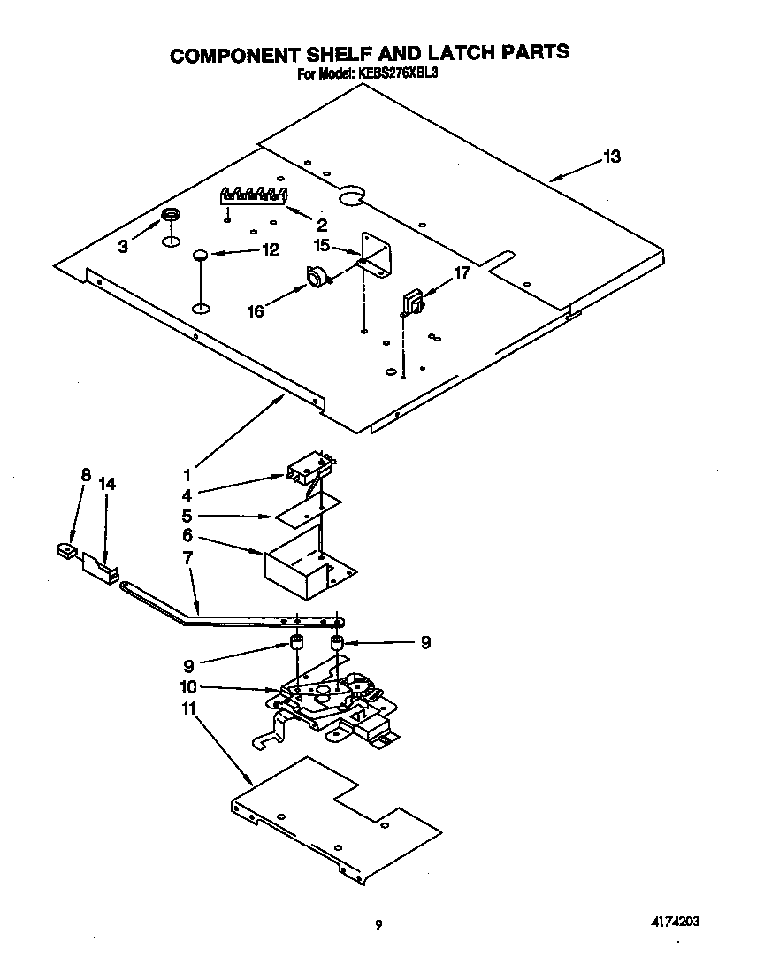 KitchenAid KEBS276XBL3 component shelf and latch diagram
