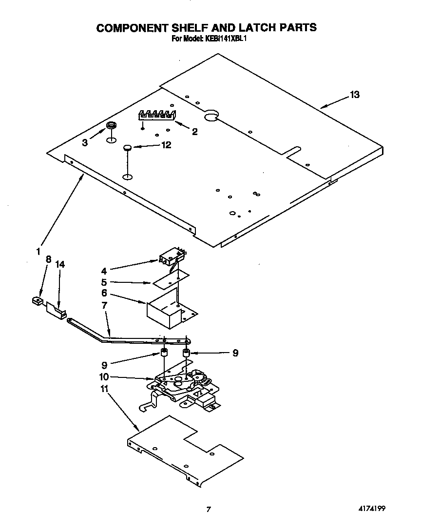 KitchenAid KEBI141XBL1 component shelf and latch diagram
