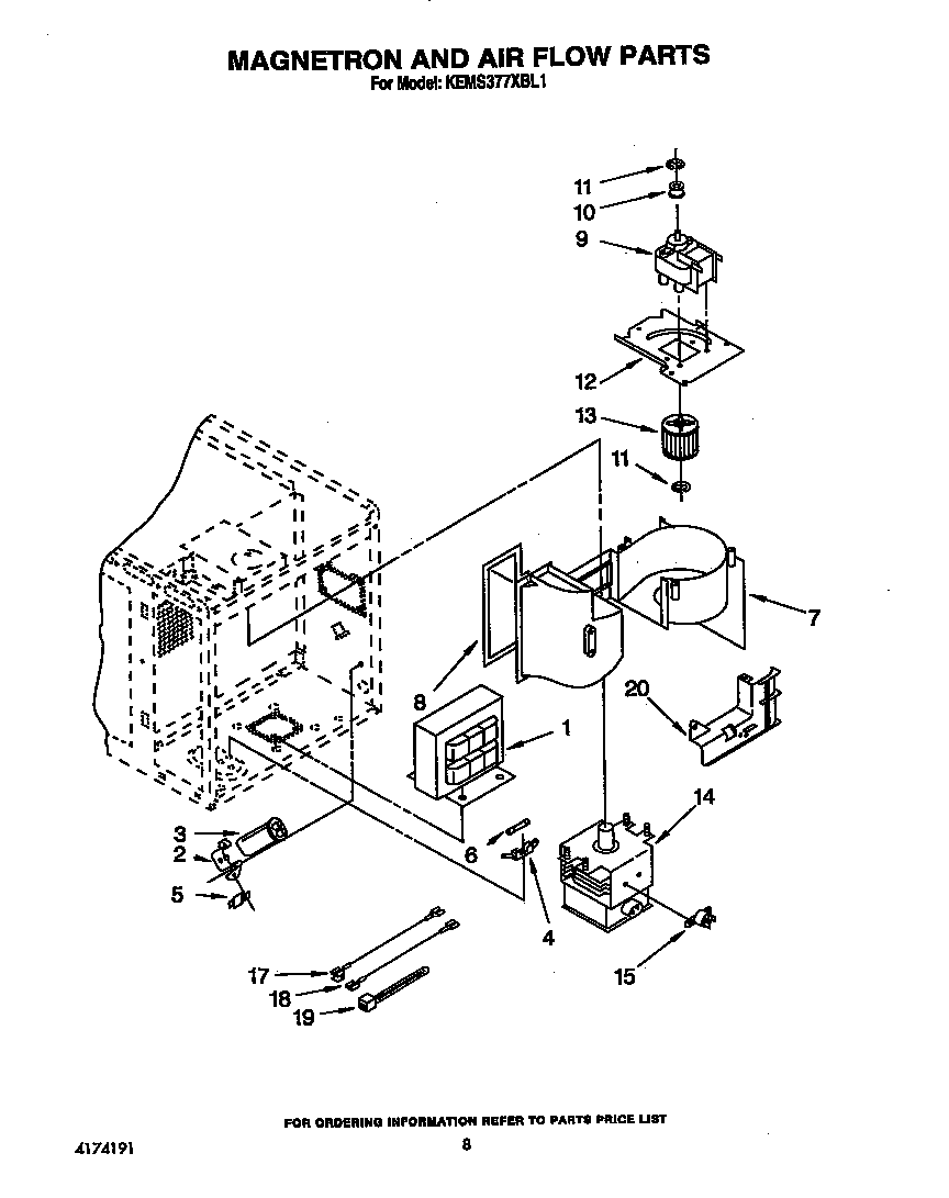 KitchenAid KEMS377XWH1 magnetron and air flow diagram