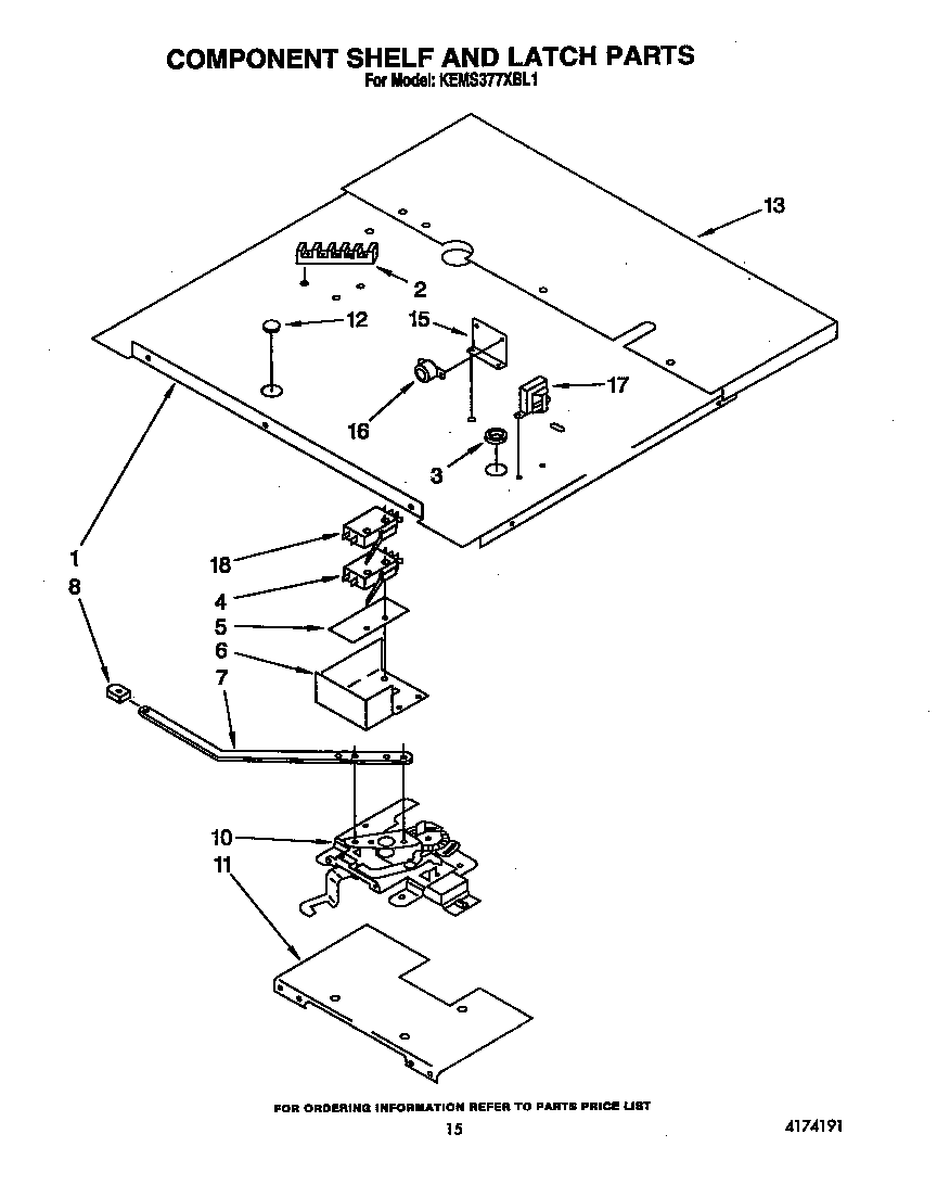 KitchenAid KEMS377XWH1 component shelf and latch diagram