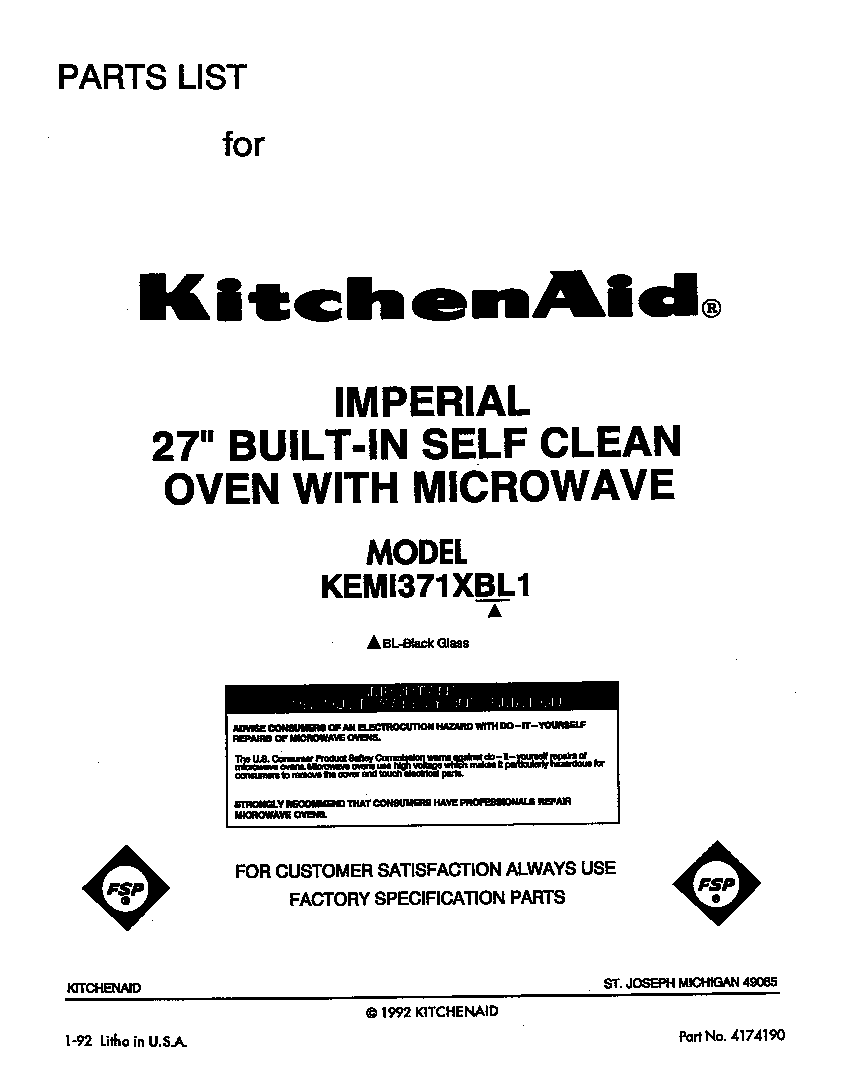 KitchenAid KEMI371XBL1 front cover diagram