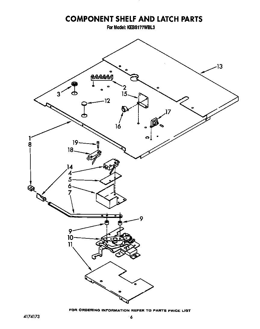 KitchenAid KEBS177WWH3 component shelf and latch diagram