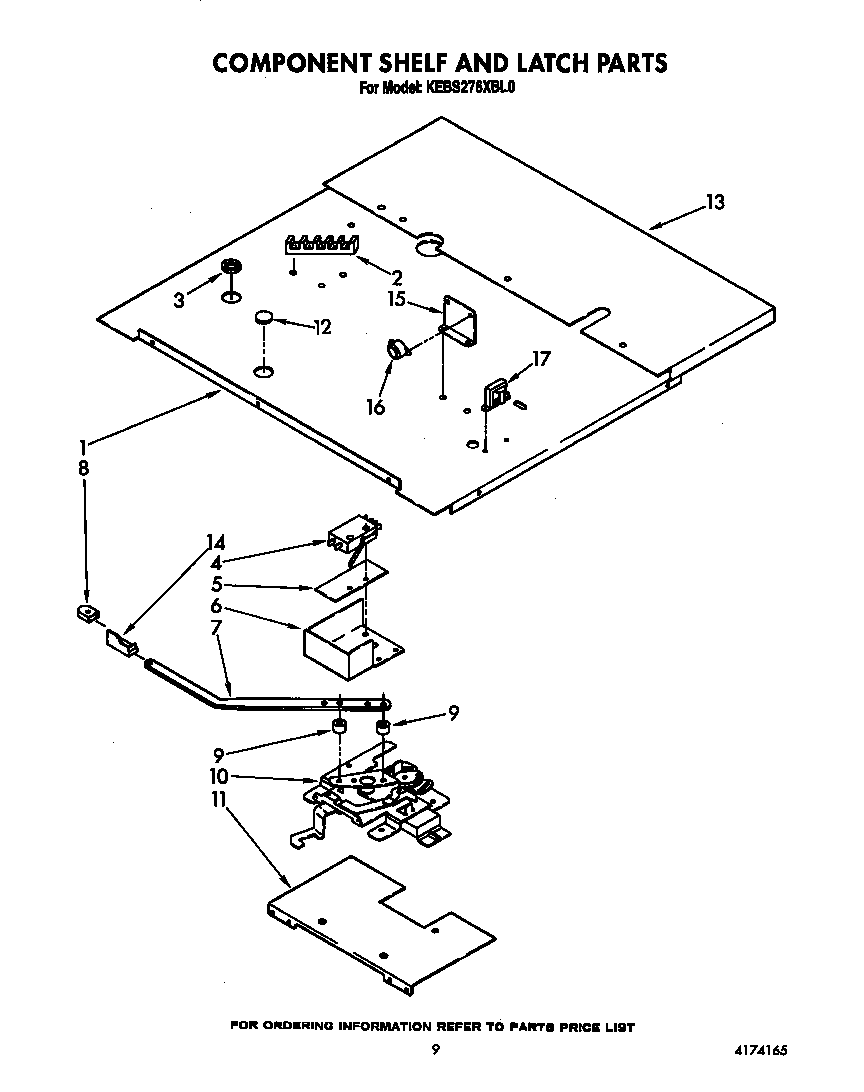KitchenAid KEBS276XBL0 component shelf and latch diagram