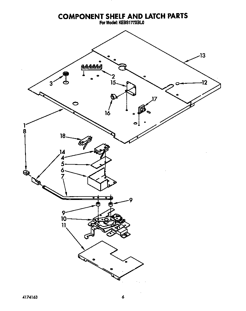 KitchenAid KEBS177XWH0 component shelf and latch diagram