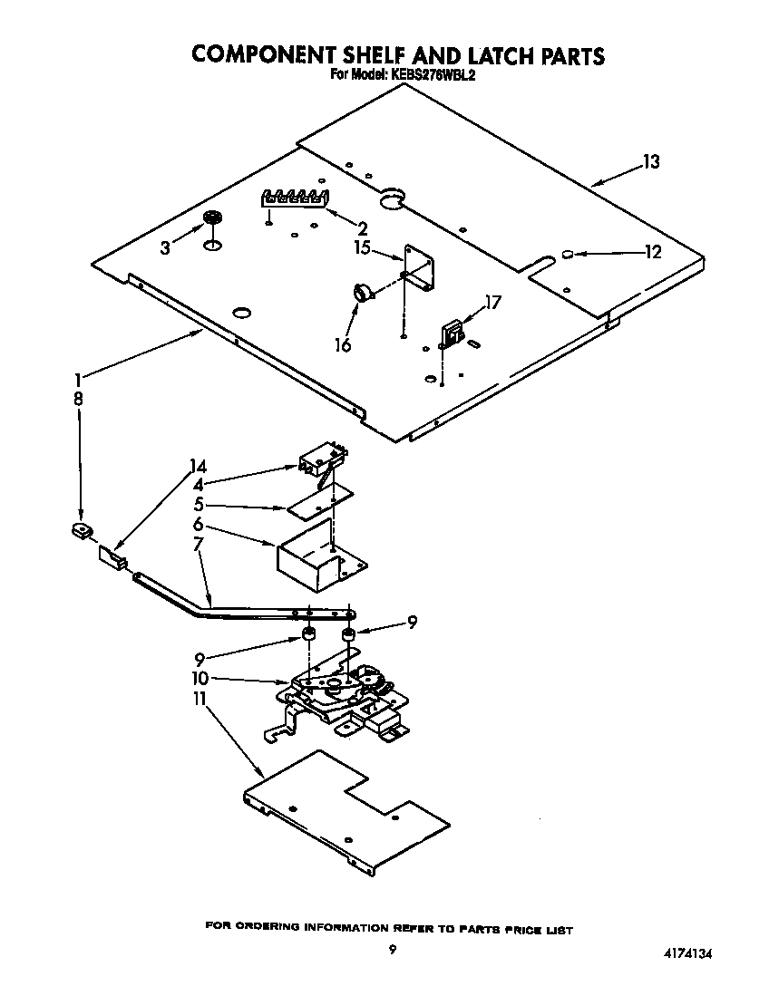 KitchenAid KEBS276WBL2 component shelf and latch diagram