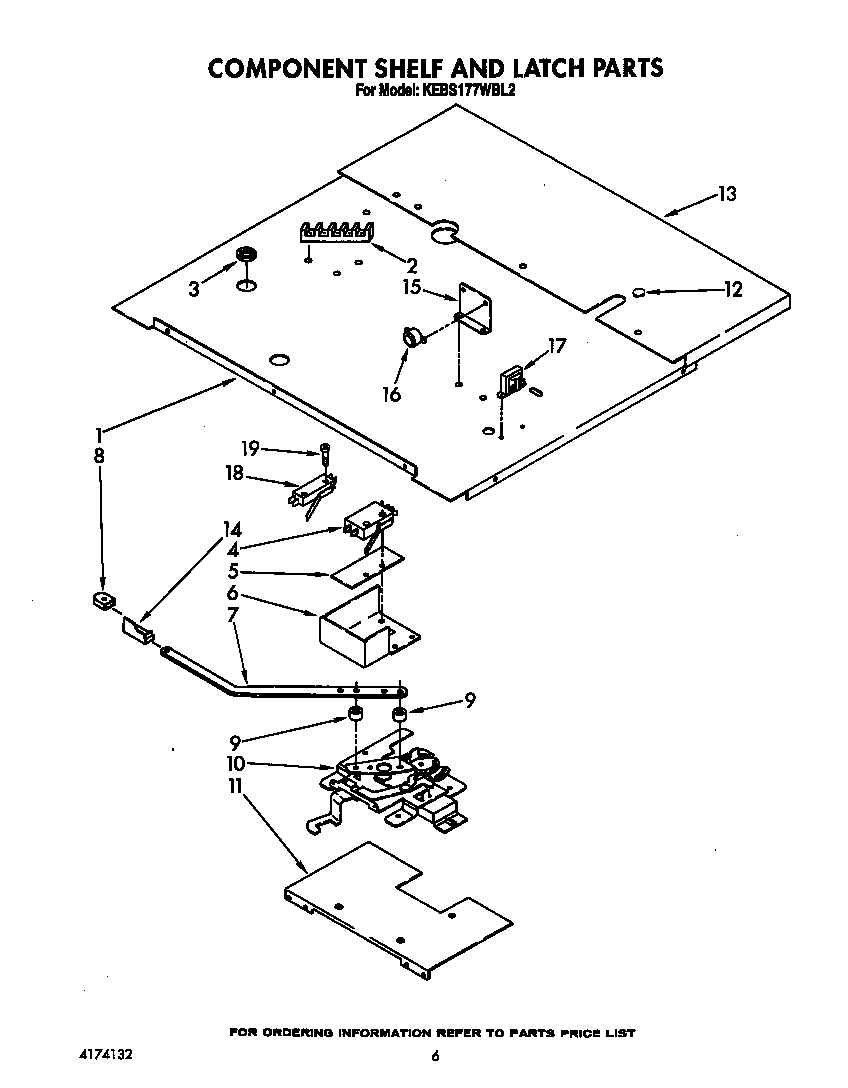 KitchenAid KEBS177WWH2 component shelf and latch diagram