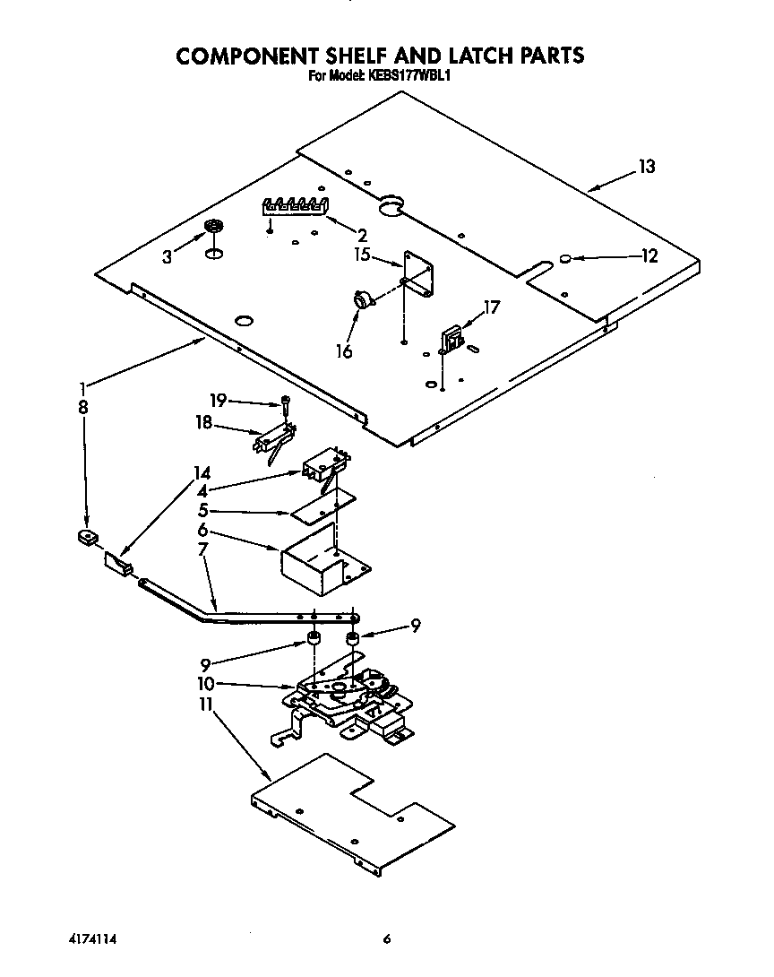 KitchenAid KEBS177WWH1 component shelf and latch diagram