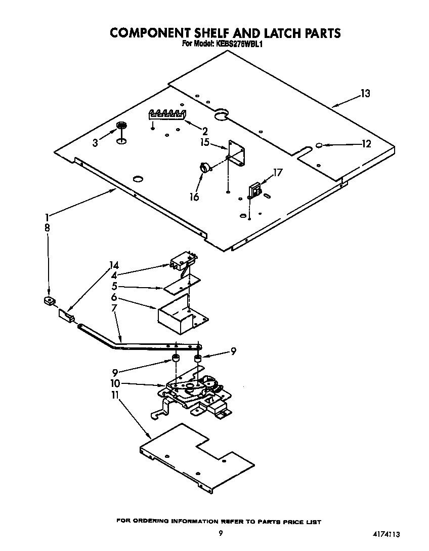KitchenAid KEBS276WBL1 component shelf and latch diagram