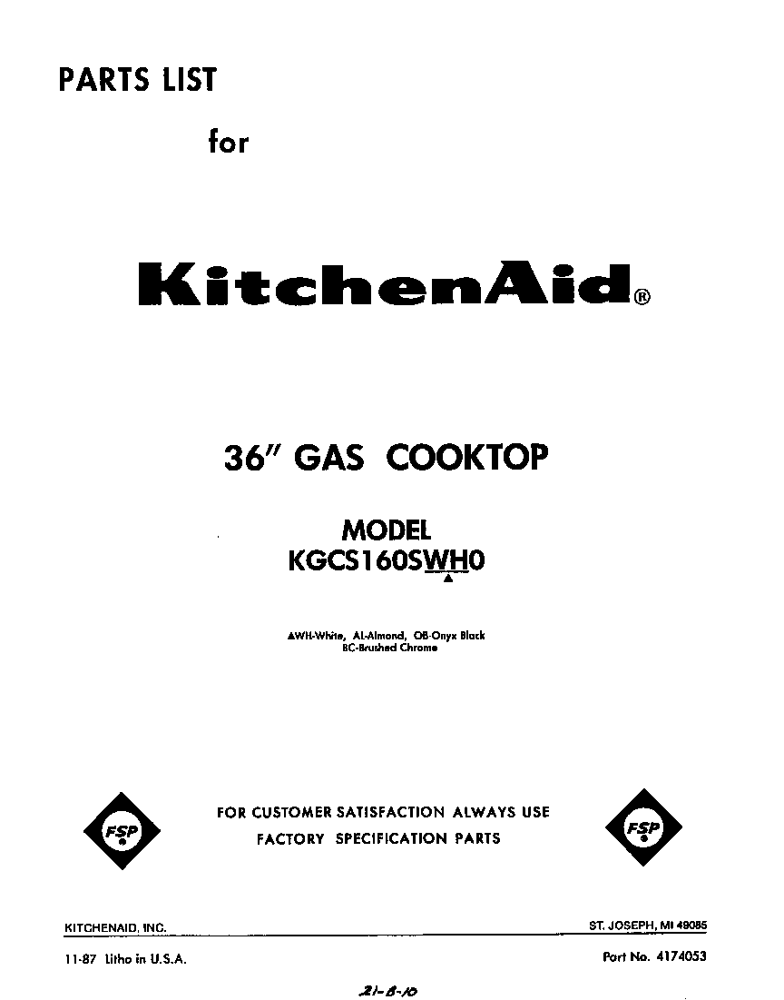 KitchenAid KGCS160SWH0 cover page-text only diagram