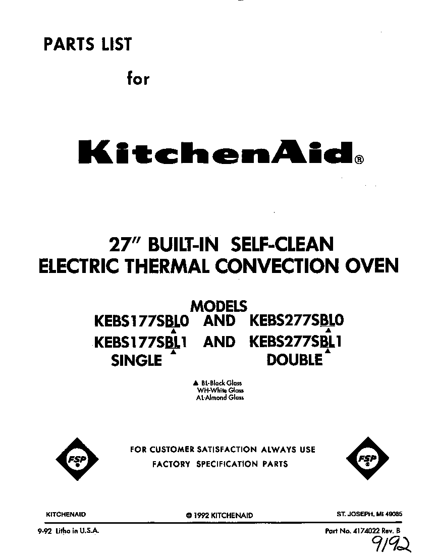 KitchenAid KEBS277SBL1 front cover diagram