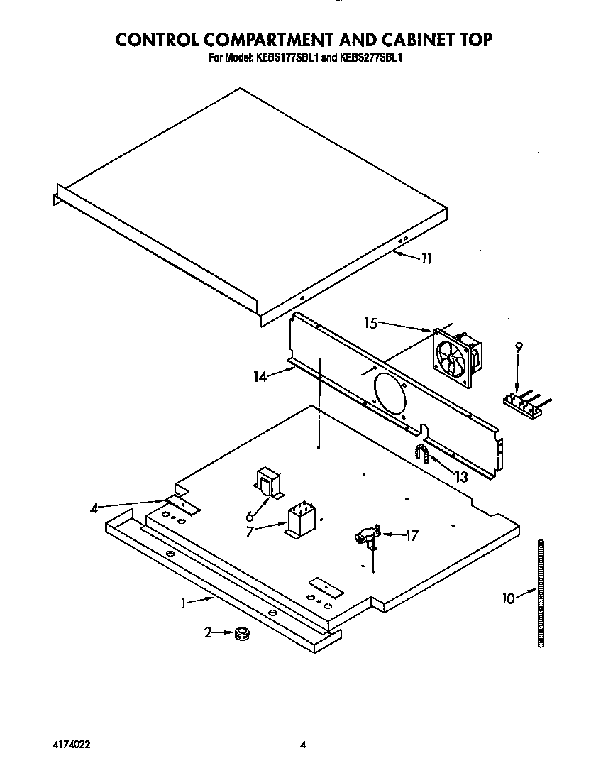 KitchenAid KEBS277SBL1 control compartment and cabinet top diagram