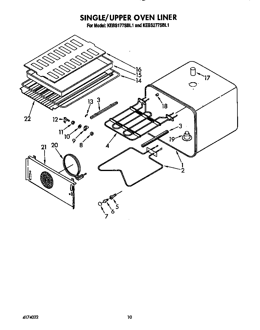 KitchenAid KEBS277SBL1 single/upper oven liner diagram