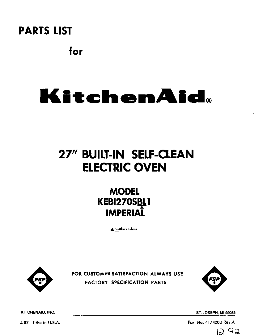 KitchenAid KEBI270SBL1 front cover diagram