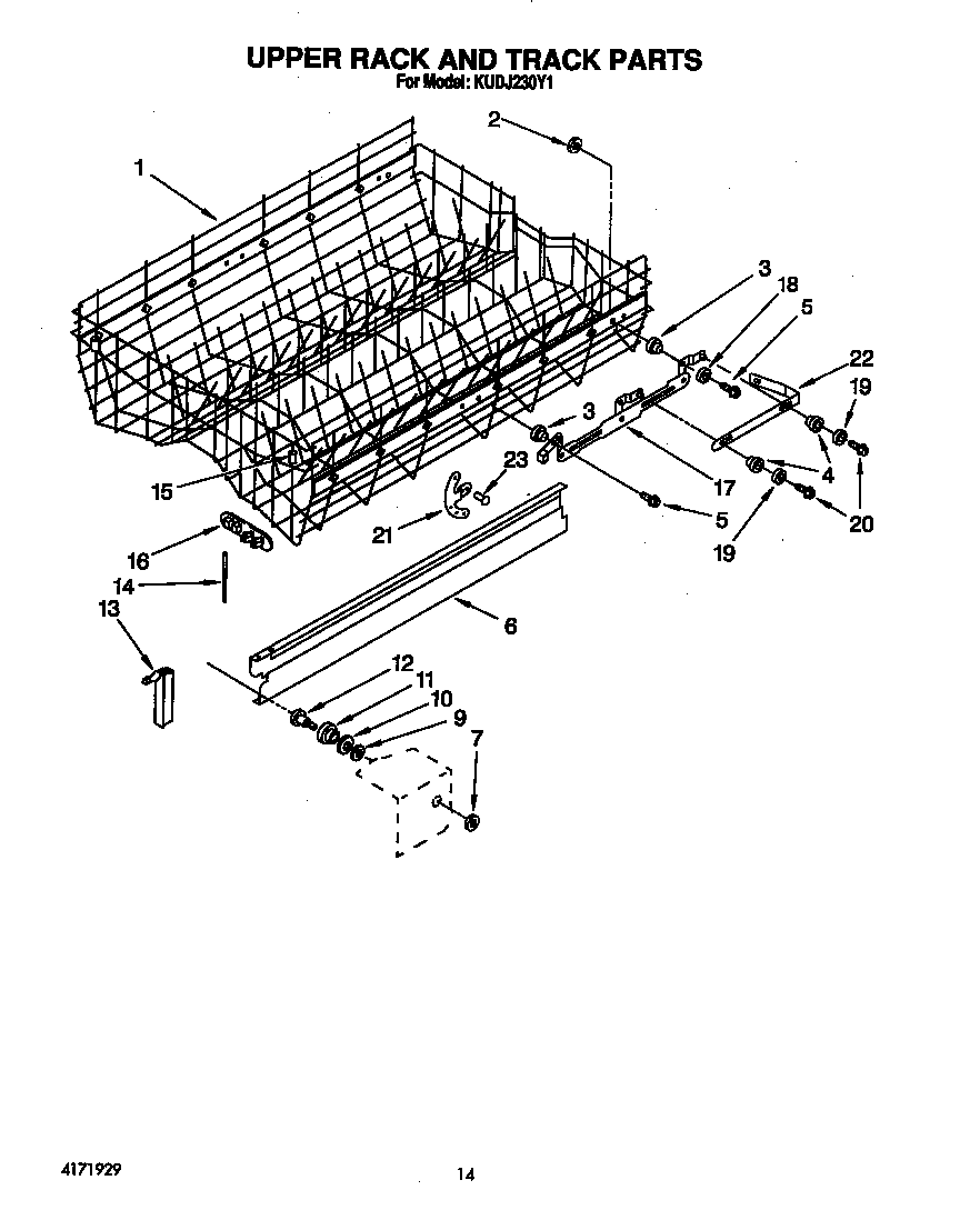 KitchenAid KUDJ230Y1 upper rack and track diagram