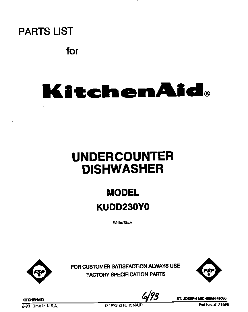 KitchenAid KUDD230Y0 front cover diagram