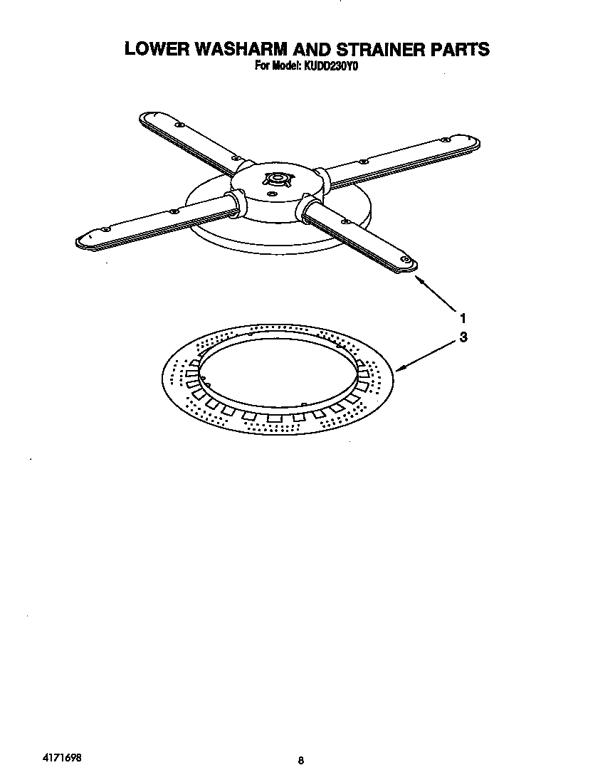 KitchenAid KUDD230Y0 lower washarm and strainer diagram