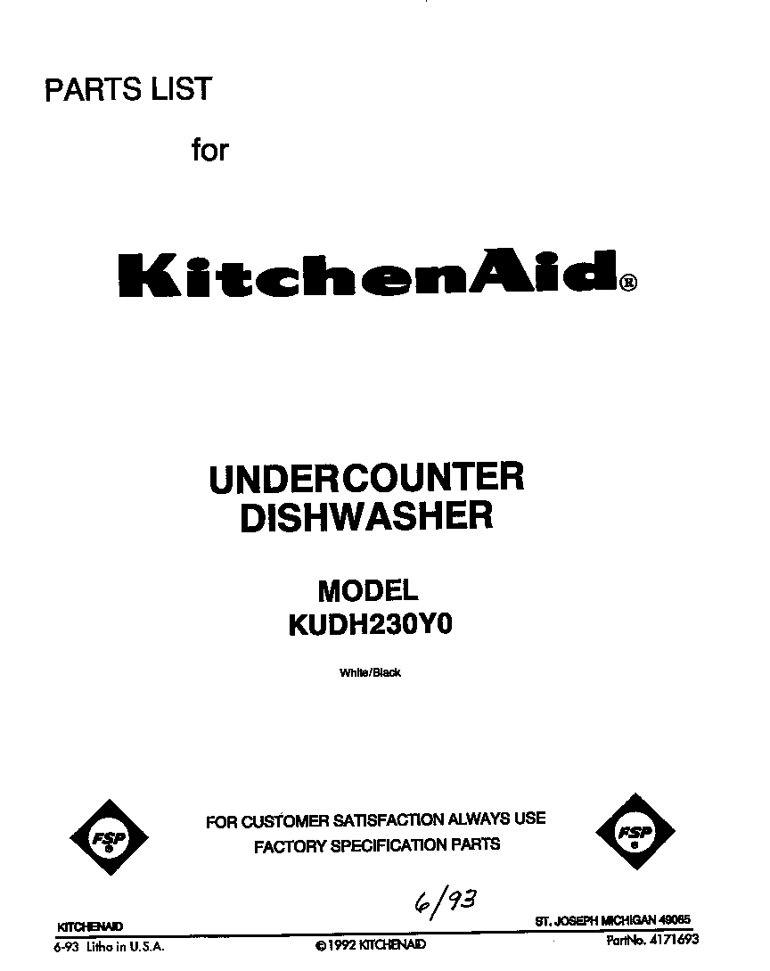 KitchenAid KUDH230Y0 front cover diagram