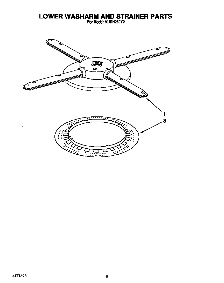 KitchenAid KUDH230Y0 lower washarm and strainer diagram